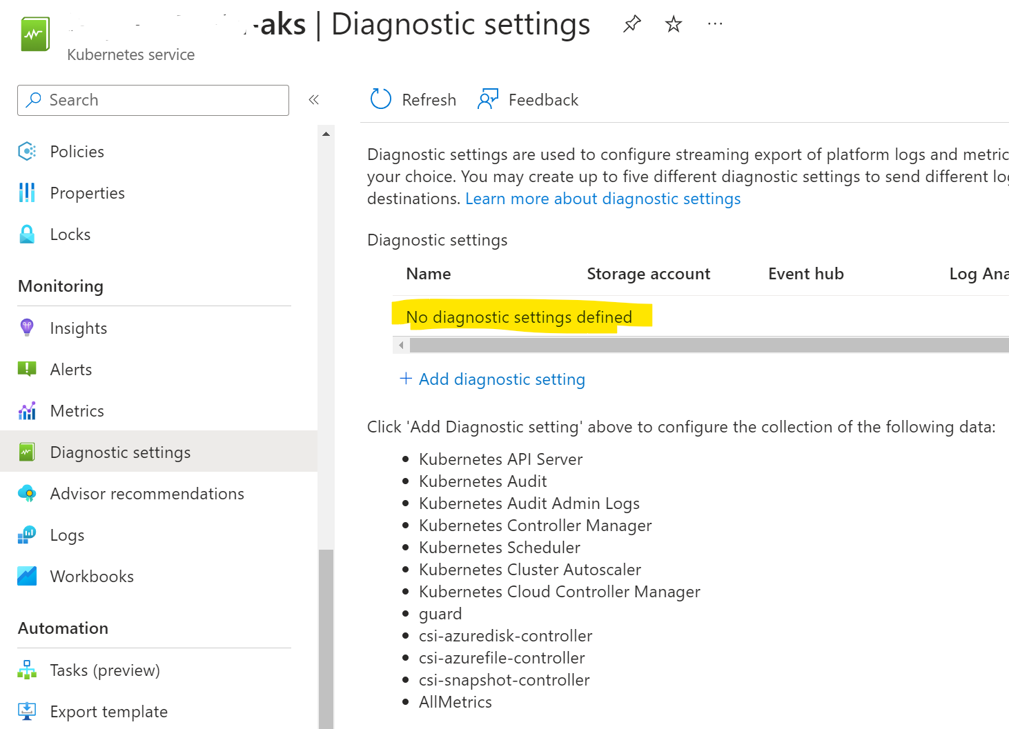 Diagnostic Settings not configured