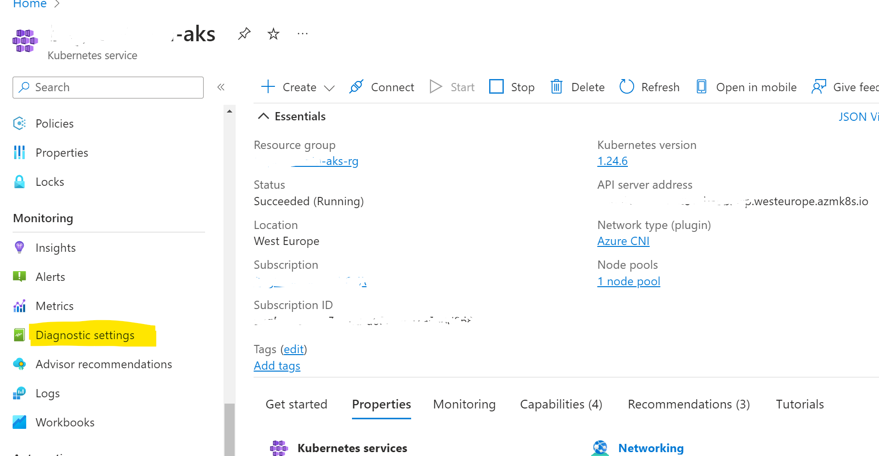 Diagnostic settings option on resource