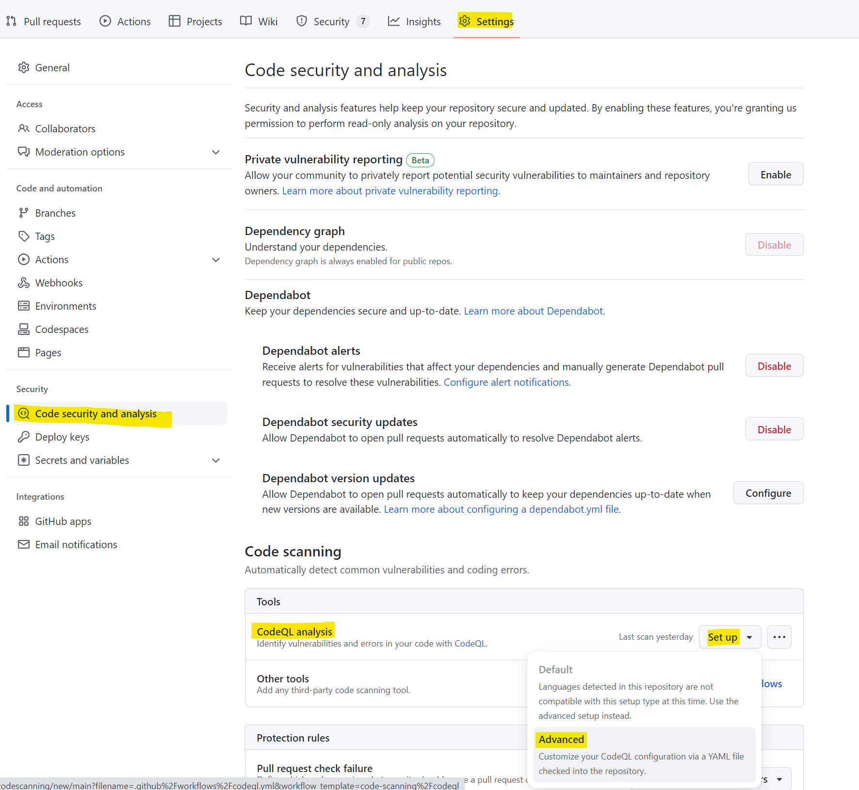 Enable Code scanning