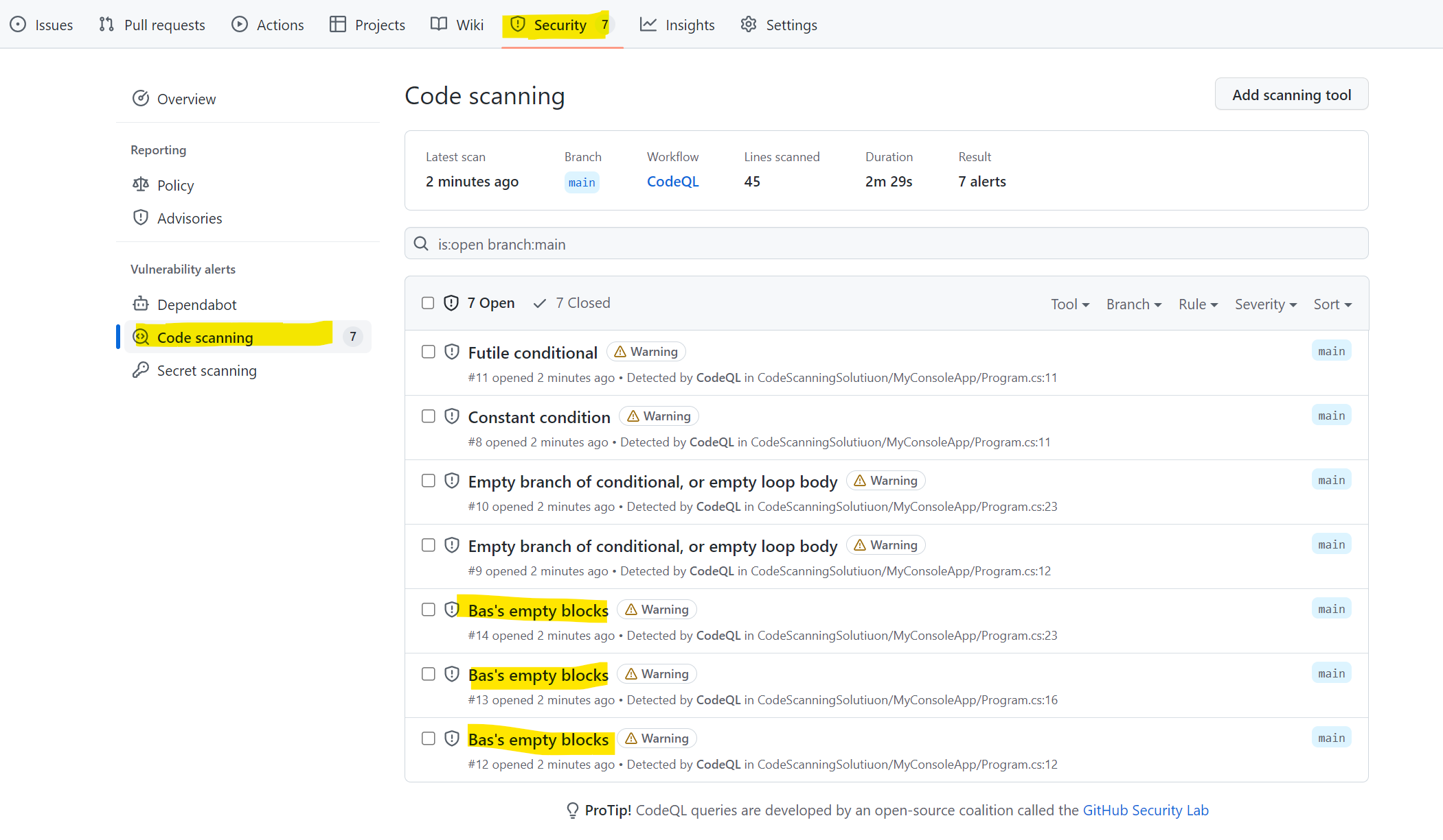CodeQL Security risks