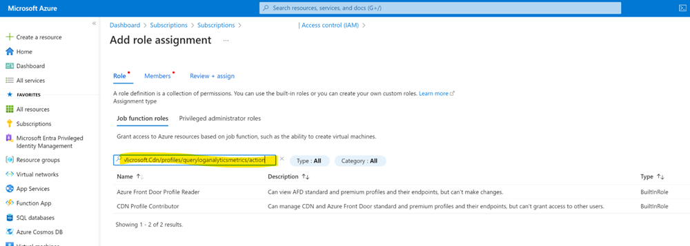 In &ldquo;Add role assingment&rdquo; - enter the specific action - see the roles